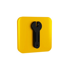Black Wrench spanner icon isolated on transparent background. Spanner repair tool. Service tool symbol. Yellow square button.