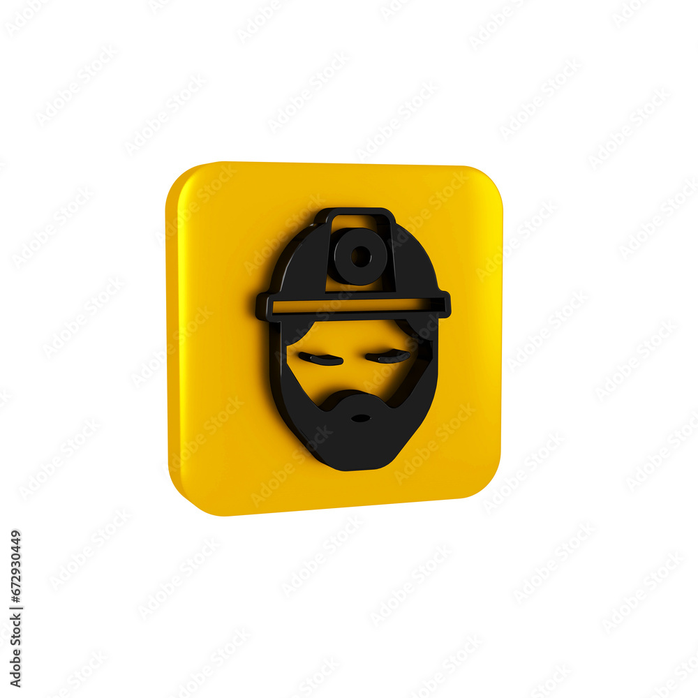 Poster black builder icon isolated on transparent background. construction worker. yellow square button.