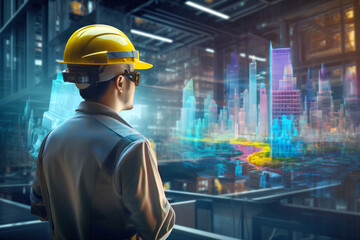 Engineer in a yellow hard hat observing a holographic city projection inside an industrial space