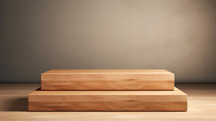 Empty Product podium or pedestal. Wooden product display. product template mockup. Mockup for branding, packaging. Blank product shelf standing backdrop. Copy space.