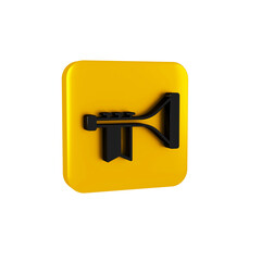 Black Trumpet icon isolated on transparent background. Musical instrument. Yellow square button.