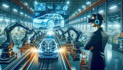 Engineer in AR headset observes holographic car blueprint amidst robotic arms assembling vehicles in a futuristic factory