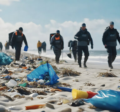 Dedicated Volunteers Cleaning Up Plastic Pollution on Sandy Shoreline. generative AI