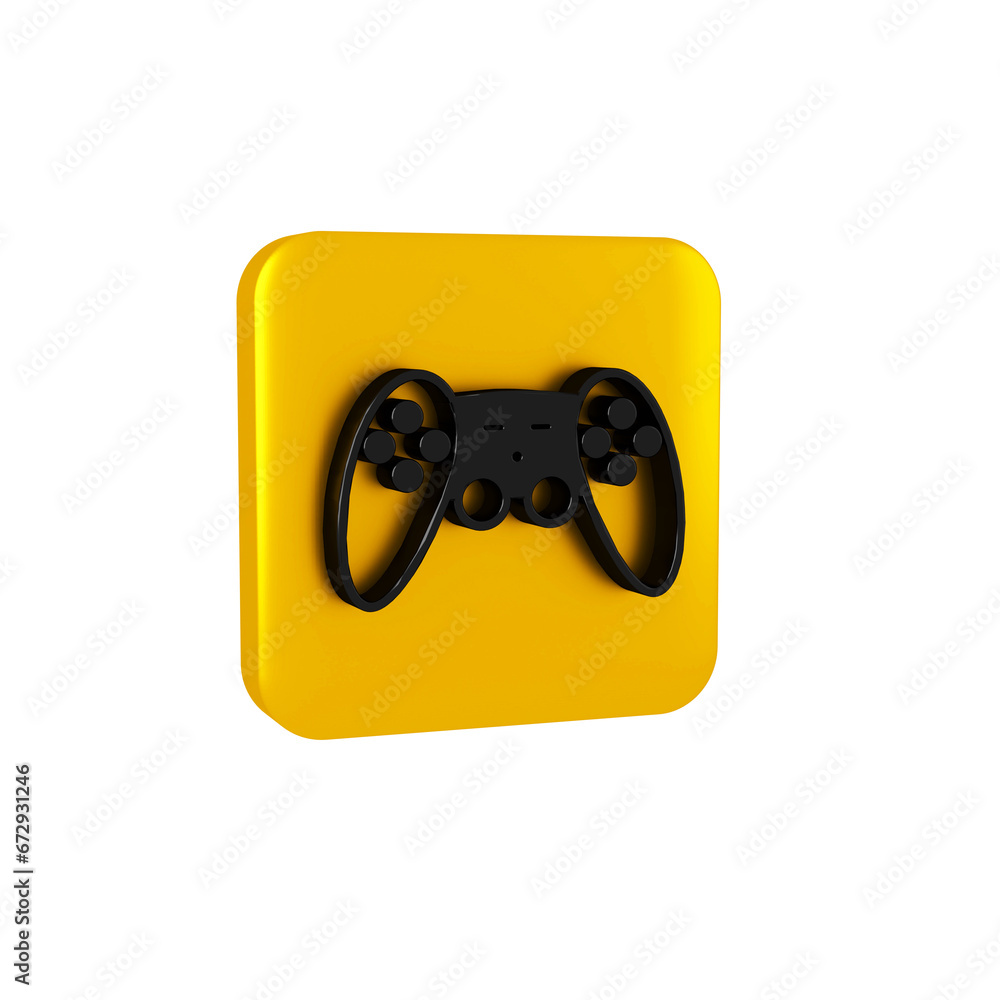 Poster black gamepad icon isolated on transparent background. game controller. yellow square button.