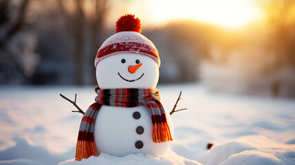Obraz premium Cheerful Snowman with Carrot Nose Wearing a Warm Hat and Scarf in a Winter Wonderland