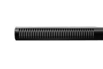 Shotgun microphone is isolated on transparent background, close up.