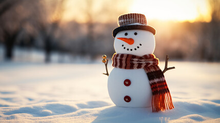 Cheerful Snowman with Carrot Nose Wearing a Warm Hat and Scarf in a Winter Wonderland