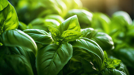 Fresh Basil Leaves Glistening with Natural Dew in Morning Light