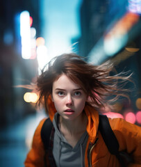Fototapeta premium Dramatic close-up of a teenage girl with windswept hair running in panic in a city street