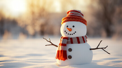 Cheerful Snowman with Carrot Nose Wearing a Warm Hat and Scarf in a Winter Wonderland