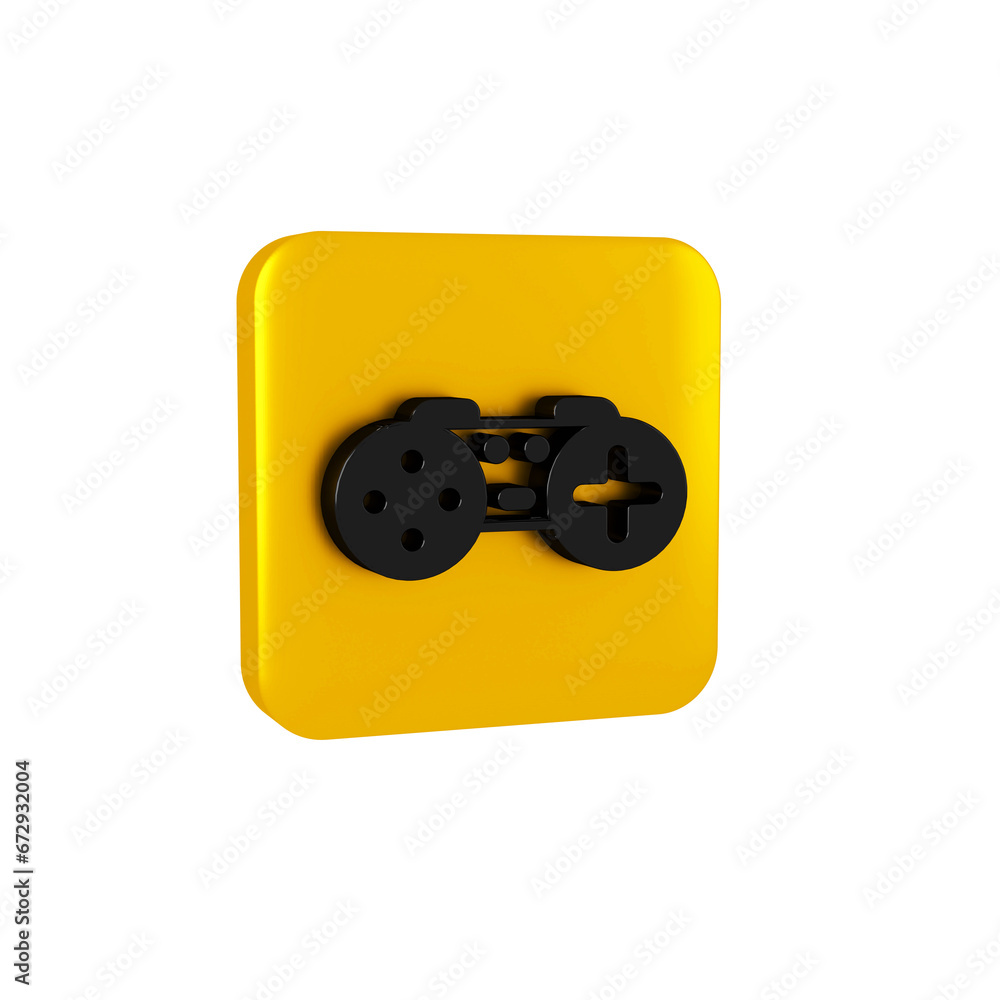 Poster black gamepad icon isolated on transparent background. game controller. yellow square button.