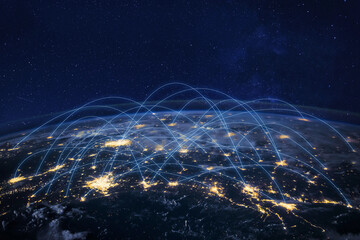 Communication technology, global internet network over Earth. Telecommunication and data transfer, connection links, original image furnished by NASA. - obrazy, fototapety, plakaty