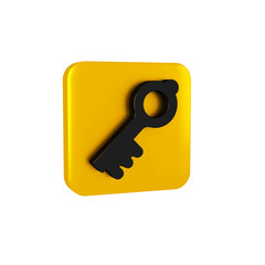 Black Old magic key icon isolated on transparent background. Yellow square button.