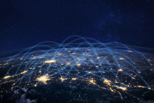 Communication technology, global internet network over Earth. Telecommunication and data transfer, connection links, original image furnished by NASA.