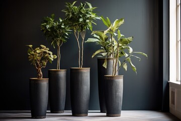 A group of three planters sitting next to each other.