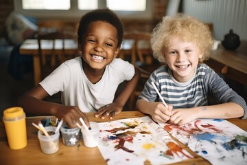 Obraz na płótnie Canvas caucasian and afro male children painting together on table. generative AI