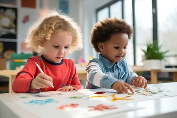 Fototapeta premium caucasian and afro male children painting together on table. generative AI
