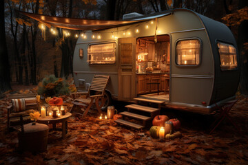 The coziness of a mobile home in a forest during the fall season is captured near a set table,...