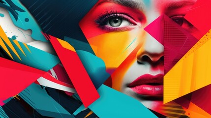 Abstract collage of a woman's face, contrasting colors, dynamic shapes. Hyper-realistic, sharp-focus, high-res digital art. Modern, contemporary, artistic. Creative concept, striking visual impact