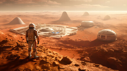Astronaut in a desert landscape with futuristic buildings. Mars colonization. AI-generated. - obrazy, fototapety, plakaty