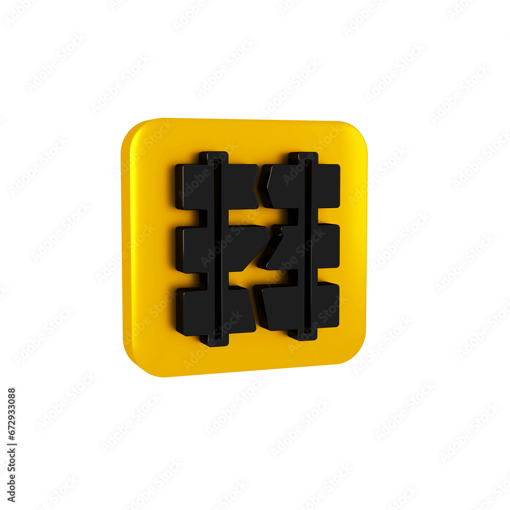 Poster black broken or cracked rails on a railway icon isolated on transparent background. yellow square bu