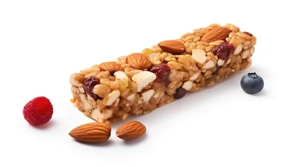 Poster Close-up of a hyper-realistic muesli bar on a white background. Aligned, horizontal, and sharp focus. Vibrant colors, natural textures, and a variety of dried fruits, nuts, and grains © Aidas