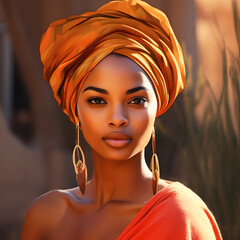 beautiful Ethiopian woman with a turban on her head. african-American model, ethnic female portrait. - obrazy, fototapety, plakaty