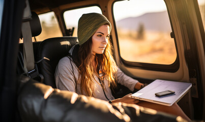 Driving to Deadline: Freelance Woman Working From Van on Adventure