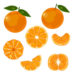 Illustration of peeled orange fruit, cut in half, isolated orange on a white background. Seasonal fruits. Tropical. Isolated image, flat vector illustration.