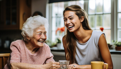 Elderly Woman with Big Personality Laughs with Young Carer - obrazy, fototapety, plakaty