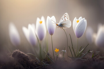 Beautiful butterfly is sitting on a crocus. Spring nature. Calm foggy weather. Serene, peaceful atmosphere . Generative AI