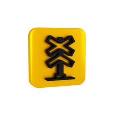 Black Railroad crossing icon isolated on transparent background. Railway sign. Yellow square button.