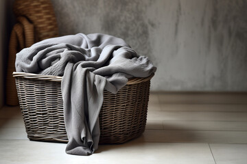 laundry in a wicker basket for washing in the room. towel. - obrazy, fototapety, plakaty
