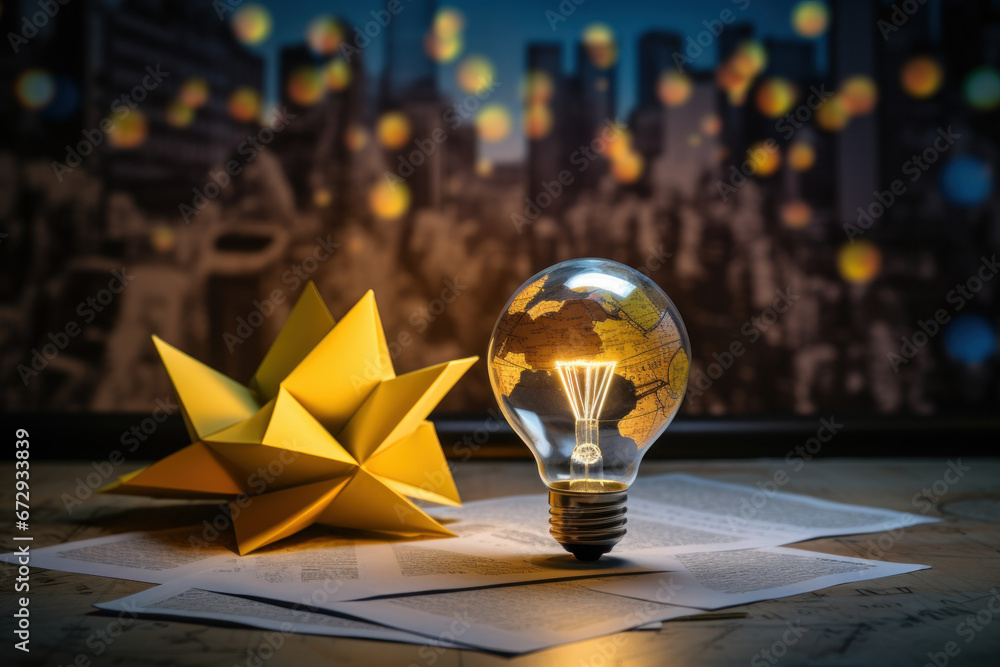 Poster a yellow scrap paper ball interacts with a virtual lightbulb, with the year 2024 in the background, 
