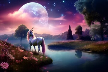 an unicorn standing by the water with flowers around it in a sunset scene - obrazy, fototapety, plakaty