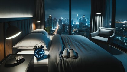 Serene bedroom with neatly made bed, gray bedding, and modern alarm clock showing late night time....