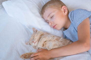 the boy falls asleep and hugs his ginger cat, who sleeps with him under the covers. children and pets. the cat sleeps with the baby. the child is getting ready for bed.