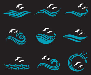 abstract collection of sea waves with seagulls isolated on black background