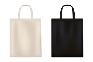 Canvas bag. Black fabric bag  and white cotton eco bag mockup. Fabric bag with handle. Reusable shopping bag. Eco-bag for groceries. Vector illustration