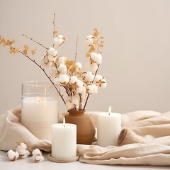 Obraz na płótnie Canvas Stylish table with cotton flowers and aroma candles near light wall. Banner for design - Generative AI