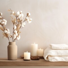 Stylish table with cotton flowers and aroma candles near light wall. Banner for design - Generative AI