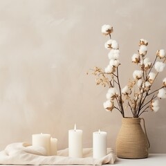 Stylish table with cotton flowers and aroma candles near light wall. Banner for design - Generative AI