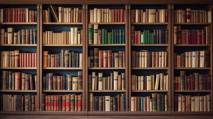 many different books on wooden shelves in library. - obrazy, fototapety, plakaty