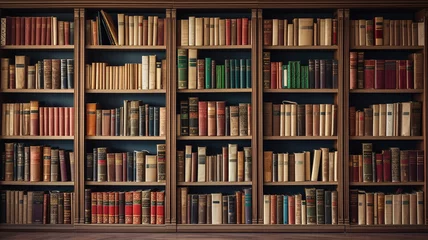 Fotobehang many different books on wooden shelves in library. © Daniel
