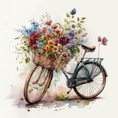 Retro bicycle with flowers in the basket on white background, watercolor style. Generative Ai