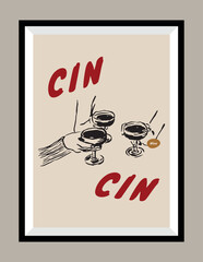 Cocktail hand drawn vector illustration in a poster frame. Art for poster design, postcards, branding, logo design, background.