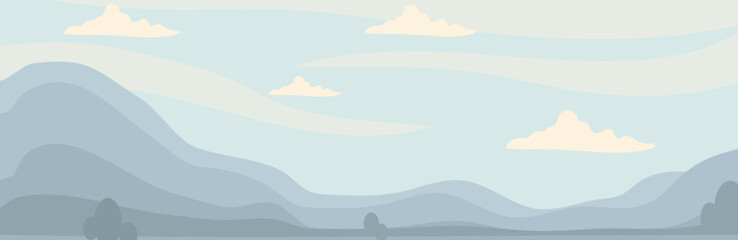 Mountain landscape against a background of blue sky with clouds. Vector graphics.