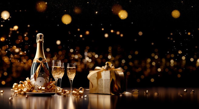 Champagne bottle on black background with champagne glasses and gift boxes. Sparkling lights and bokeh on backdrop