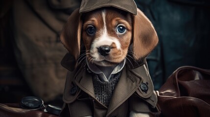 Puppy dressed as a detective - obrazy, fototapety, plakaty