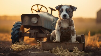 Puppy farmer with a tiny tractor in the background	
